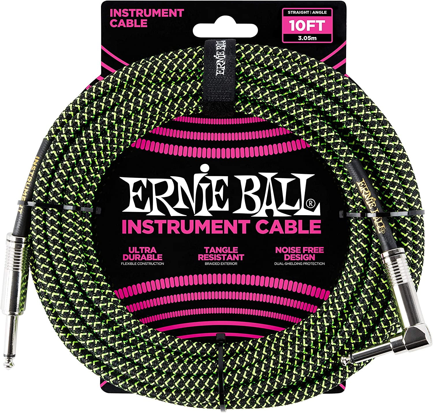 Ernie Ball Braided Instrument Cable, Straight/Angle, 10ft, Neon Green/Black P06077