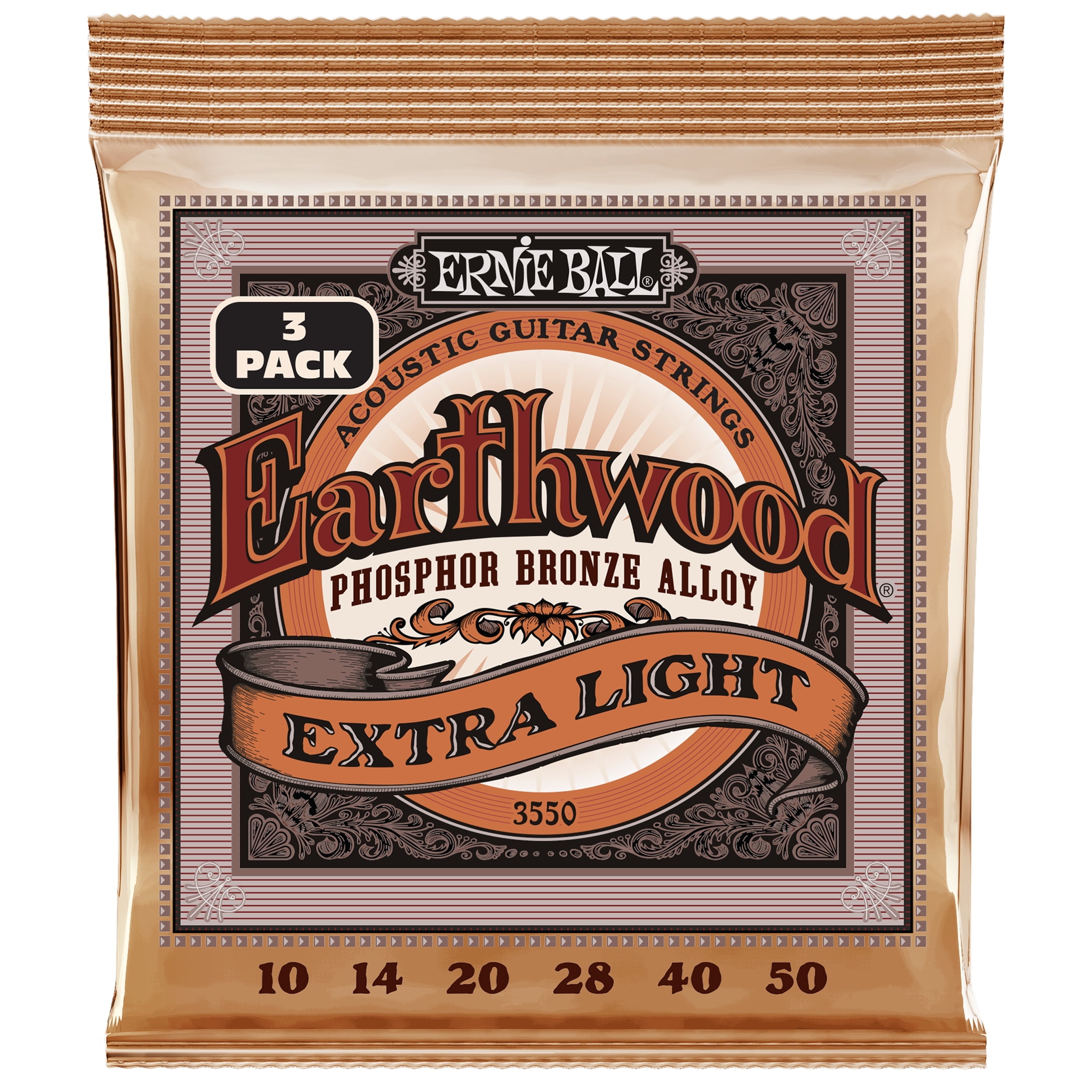 Ernie Ball Earthwood Extra Light Phosphor Bronze Acoustic Guitar Strings 3 Pack - 10-50 Gauge