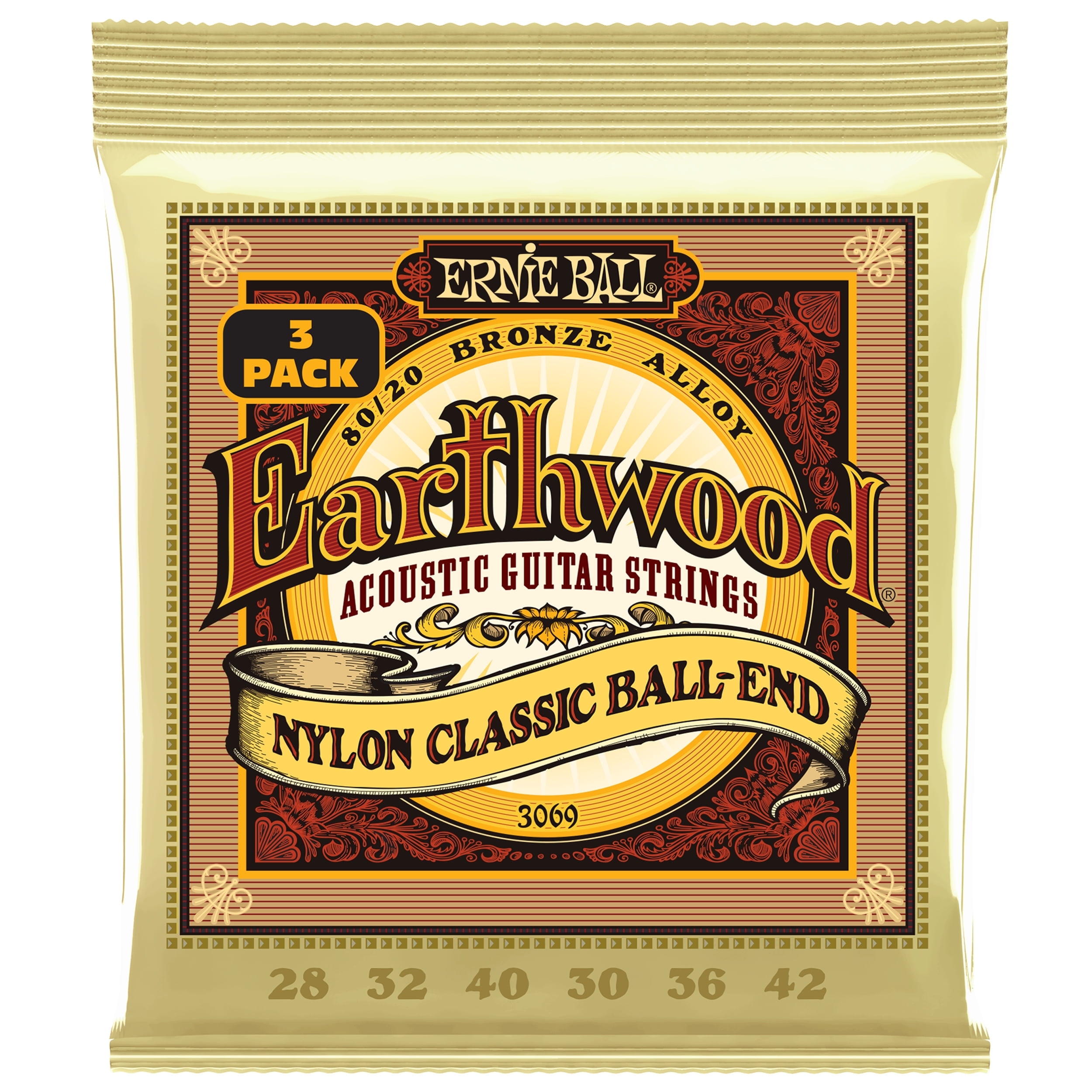 Ernie Ball Earthwood Folk Nylon, Clear and Gold with Ball End, 80/20 Bronze Acoustic Guitar Strings 3 Pack - 28-42 Gauges