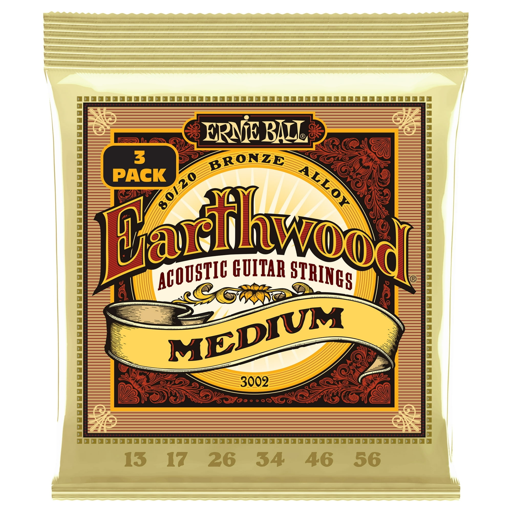 Ernie Ball Earthwood Medium 80/20 Bronze Acoustic Guitar Strings 3 Pack -13-56 Gauge