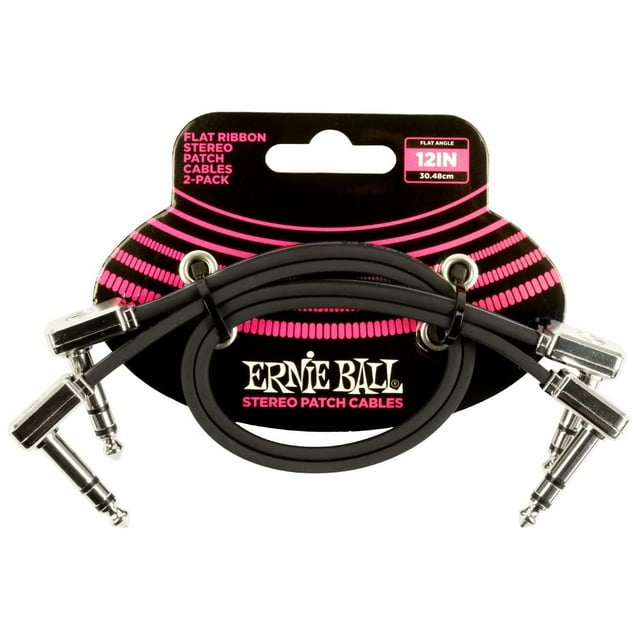 Ernie Ball Stereo Patch Cable, 12-Inch Flat Ribbon, Black, 2-Pack