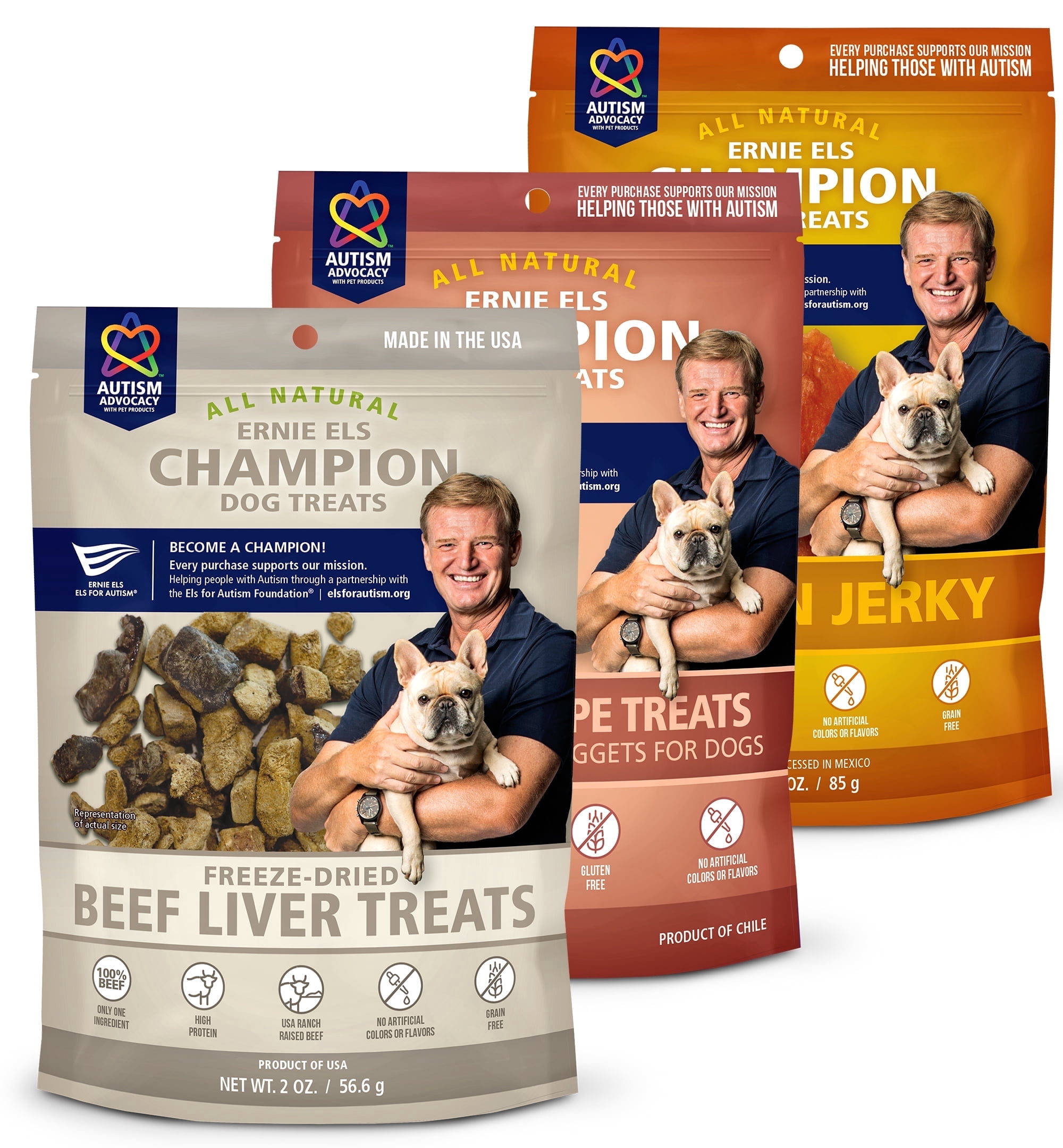 Ernie Els Chicken Jerky, Salmon Nuggets, and Beef Liver Dog Treats Natural Protein Snack Combo, 3-Pack