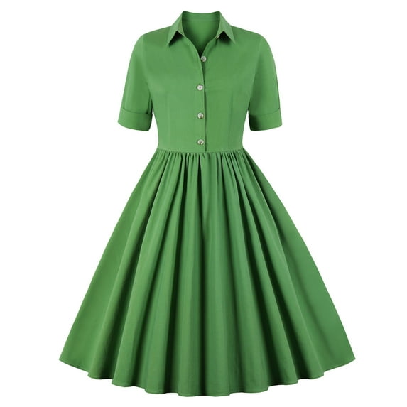 Ernkv Clearance Midi A Line Dress for Women Solid Color Short Sleeve Lapel Neck Dress Button Elegant Leisure Retro Holiday Beach Trendy Clothing Summer Green L
