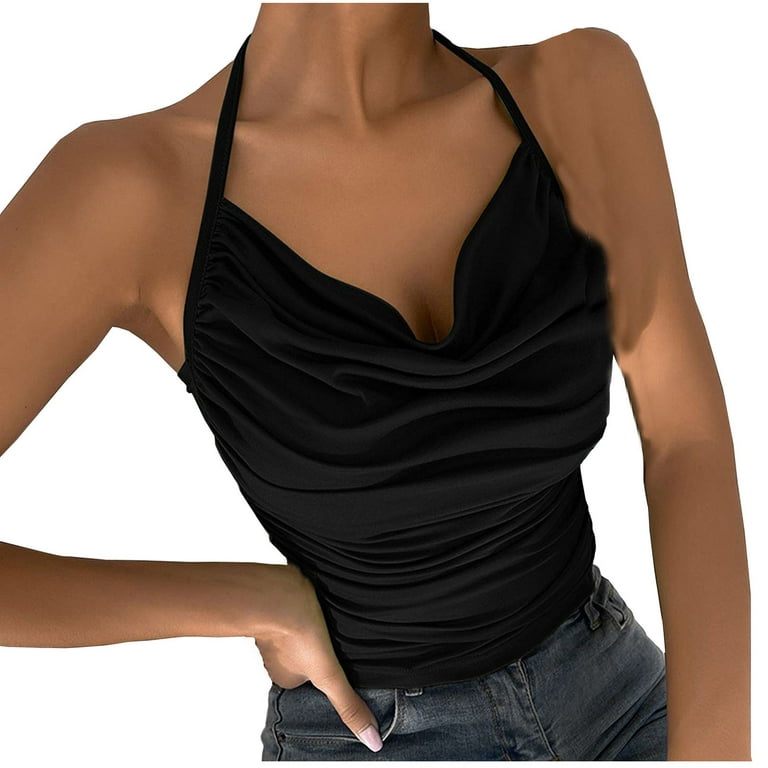 Ernkv Clearance Women's Slim Camisole Solid Retro Cami Tops Sleeveless Pile  Collar Vest Halter Elegant Satin Fit Beach Blouses Fashion Summer Black L