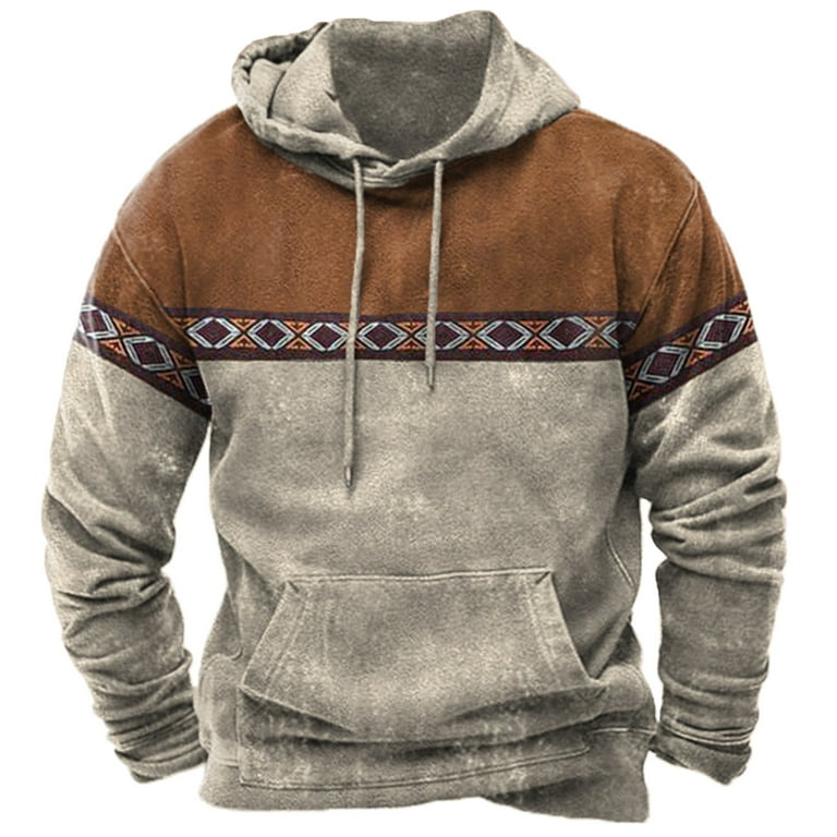 Ernkv Mens Top Patchwork Hooded Neck Long Sleeve Plus Size Sweatshirts Drawstring Sweatshirt with Pocket Comfy Casual Pullover Dressy Loose Gray M
