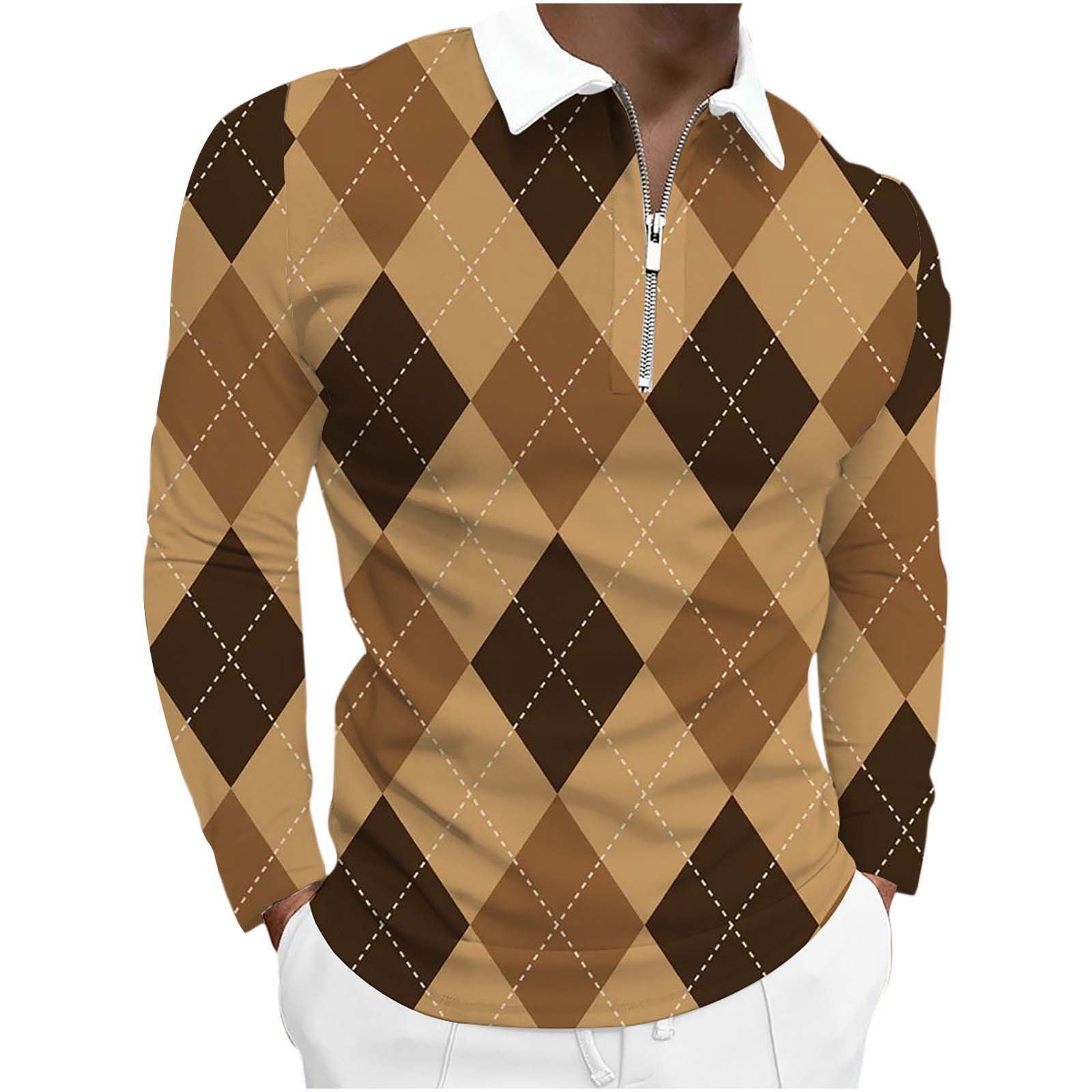 Ernkv Mens Top Pullover Lapel Long Sleeve Argyle Print Half Zipper