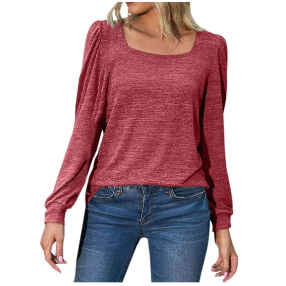 safuny Rollbacks Womens Tops Pullover Long Sleeve T-shirt Comfy Casual Plus Size Clothes Dressy Loose Square Neck Solid Color Red XL
