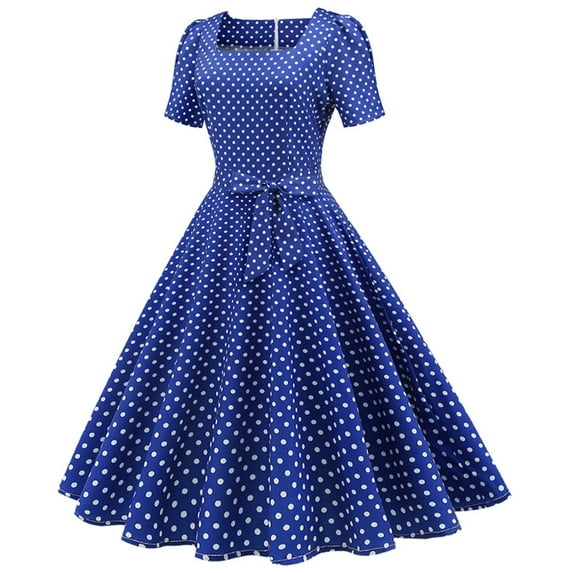 Ernkv Women's Dress Dressy Loose Square Neck Formal Party Evening Swing High Waist Dresses Comfy Casual Short Sleeve Polka Dots Plus Size For Mujer Elegante Blue M
