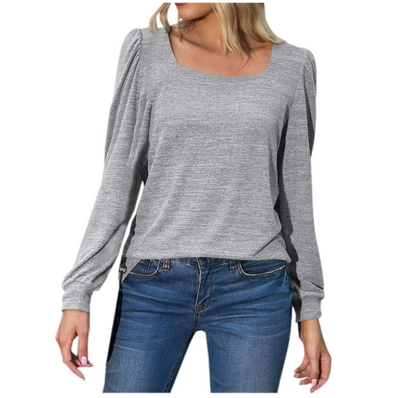 safuny Summer Sale Womens Tops Pullover Long Sleeve T-shirt Comfy Casual Plus Size Clothes Dressy Loose Square Neck Solid Color Gray XXL