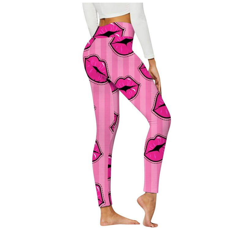Ernkv Women's Athletic Leggings Yoga Pants Clearance Heart Lip Print  Fashion Retro Clothing Summer High Elastic Waist Stretch Fit Running Gym  Sports Comfy Trousers Hot Pink XXXL 