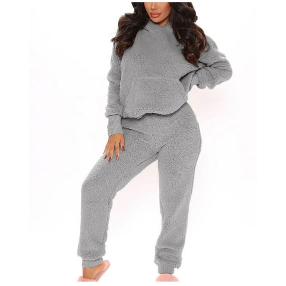 safuny Women's Casual Suit at Home Dressy Hoodede Neck with Ears Long Sleeve Solid Color Comfy Casual Plus Size Suit for Girlfriend Wife Daughter Gray XL