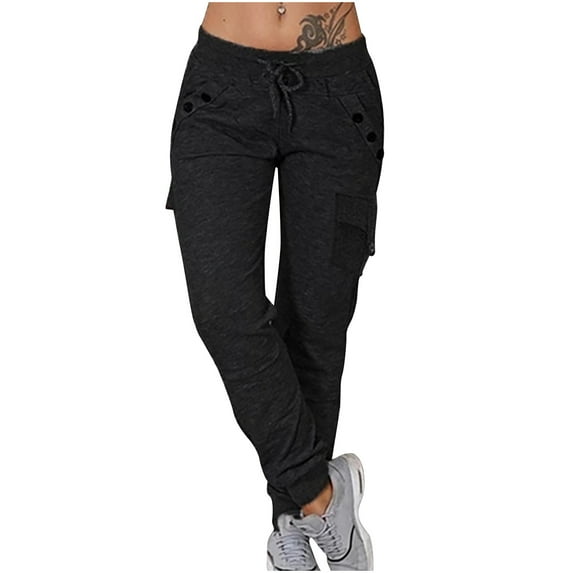 Ernkv Women's Jogger Cuff Pants Clearance Solid Clothing Comfy Trousers Stretch Fit Fashion Retro High Elastic Waist Summer Black L