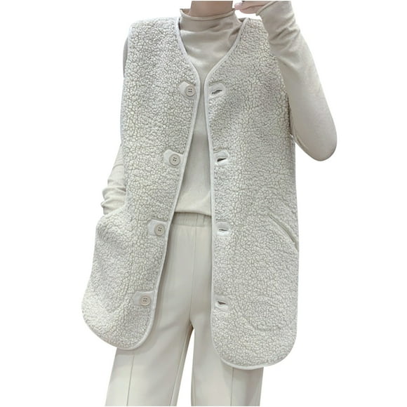 Women's Long Sleeve Casual Outwear Jackets Pocket Vest Coat Jacket Winter Sleeveless Fleece Button Solid Outerwear Hoodless Dressy Lounge Trendy Blazer Pullover Beige M