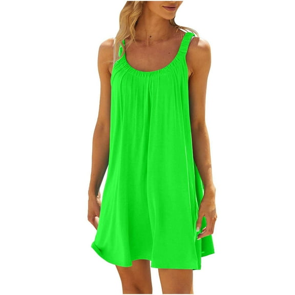 Women's Mini Loose Sundress Solid Color Clothing Holiday Sleeveless Summer Beach Scoop Neck Dress Vintage Boho Elegant Casual Pleated Mint Green S