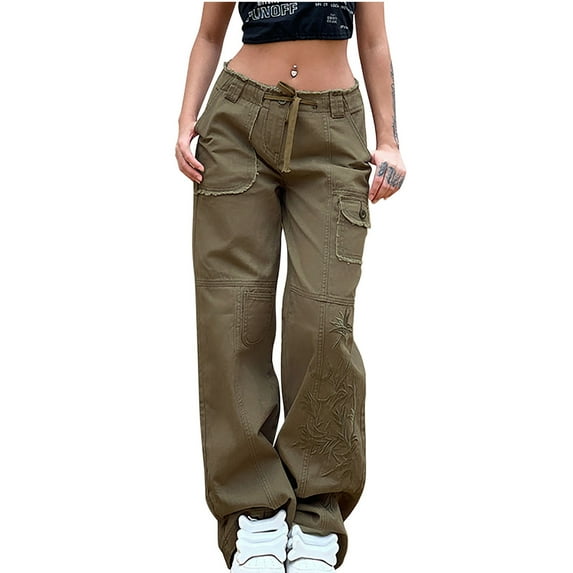 safuny Women's Pants Fashion Full Length Trousers Solid Color Cargo Pants for Lady Wife Daughter Girlfriend Comfy Lounge Casual Khaki XL