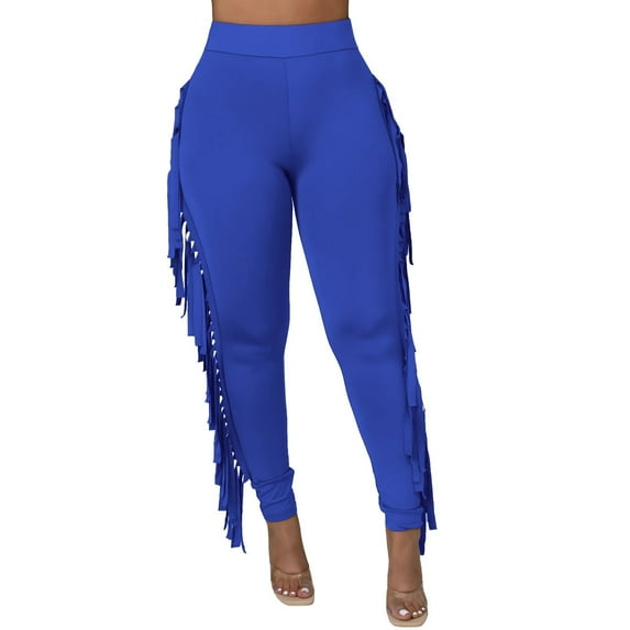 safuny Women's Pants Tassel Pants For Lady Wife Daughter Girlfriend Fashion Full Length Trousers High Waist Knitted Solid Color Comfy Leisure Casual Blue XXL