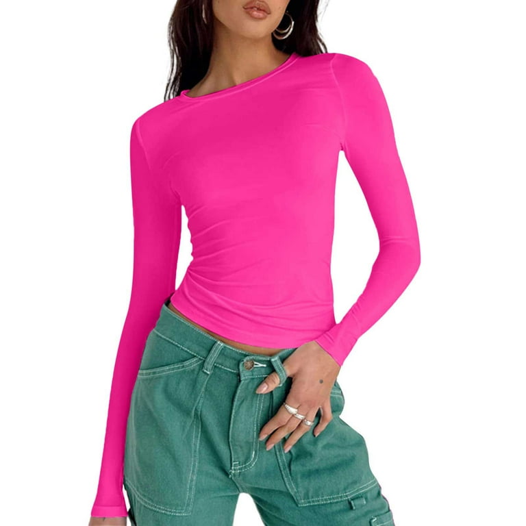 Ernkv Women's Summer Trendy Slim Tight Tops Clearance Solid Tops Long  Sleeve Tees Crew Neck Shirts Leisure Comfy Vintage Clothing Fashion Hot  Pink M