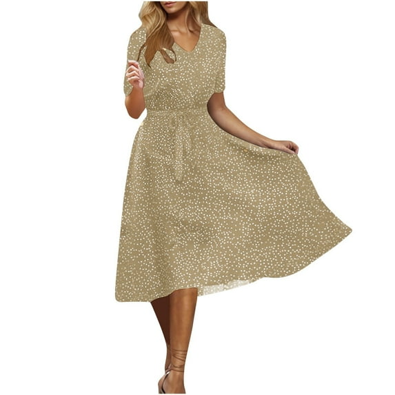 Ernkv Women's Tea Length A Line Dress Floral Print Empire Waist Elegant Retro Boho Short Sleeve Holiday Summer Beach Square Neck Dress Clothing Khaki XL