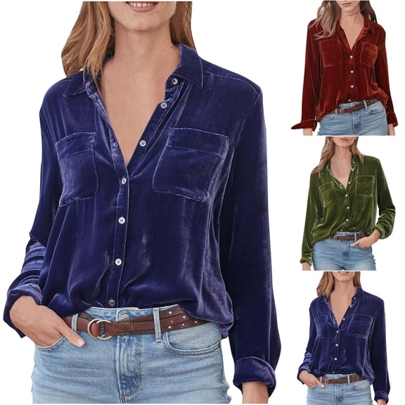 Ernkv Women's Top Retro Gold Velvet Comfy Casual Solid Color Plus Size T-Shirts For Girlfriend Wife Daughter Dressy Loose Pullover Blouse Long Sleeve V-Neck Army Green XL