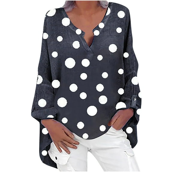 safuny Women's Top V-Neck Tunic Top Swing Hem Long Top Comfy Casual Long Sleeve Polka Dots Plus Size Blouses Shirts Sets for Girlfriend Wife Daughter Dressy Loose Pullover Navy XXL