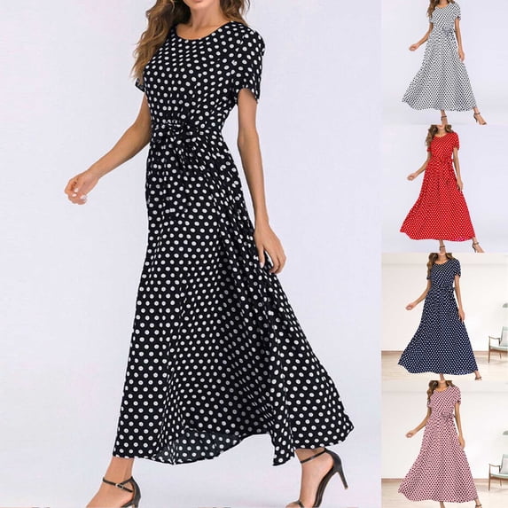 safuny Women's Trendy Long Maxi Dress Polka Dot Short Sleeve Round Neck Dress Bandage Empire Waist Retro relaxed Clothing Fashion Summer Navy XXXL