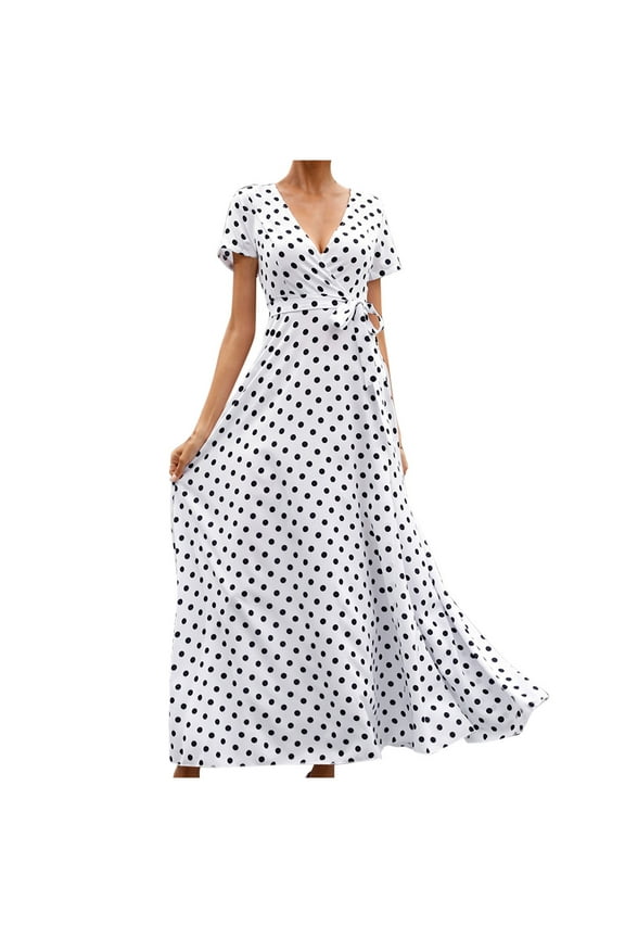 Ernkv Women's Trendy Long Maxi Dress Polka Dot Short Sleeve V Neck Dress Boho Ruffle Flowy Hem Retro relaxed Clothing Fashion Summer White XL