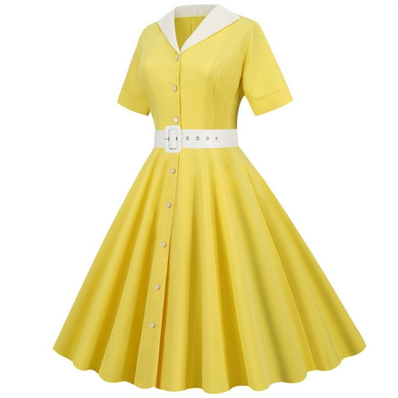 Ernkv Women's Trendy Midi A Line Dress Solid Patchwork Short Sleeve V Neck Dress Belt Tie Waist Retro relaxed Clothing Fashion Summer Yellow S