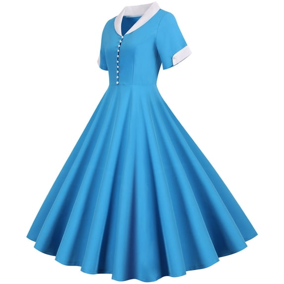 Women's Trendy Midi A Line Dress Solid Short Sleeve V Neck Dress 1950S Ruffle Hem Retro Holiday Clothing Fashion Summer Sky Blue M