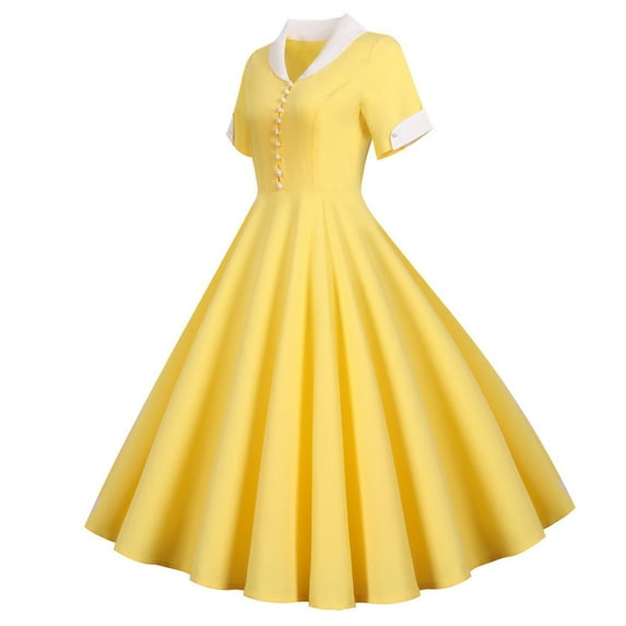Ernkv Women's Trendy Midi A Line Dress Solid Short Sleeve V Neck Dress 1950S Ruffle Hem Retro Holiday Clothing Fashion Summer Yellow S