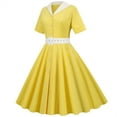 thumbnail image 1 of Women's Trendy Midi A Line Dress Solid Patchwork Short Sleeve V Neck Dress Belt Tie Waist Retro relaxed Clothing Fashion Summer Yellow L, 1 of 9