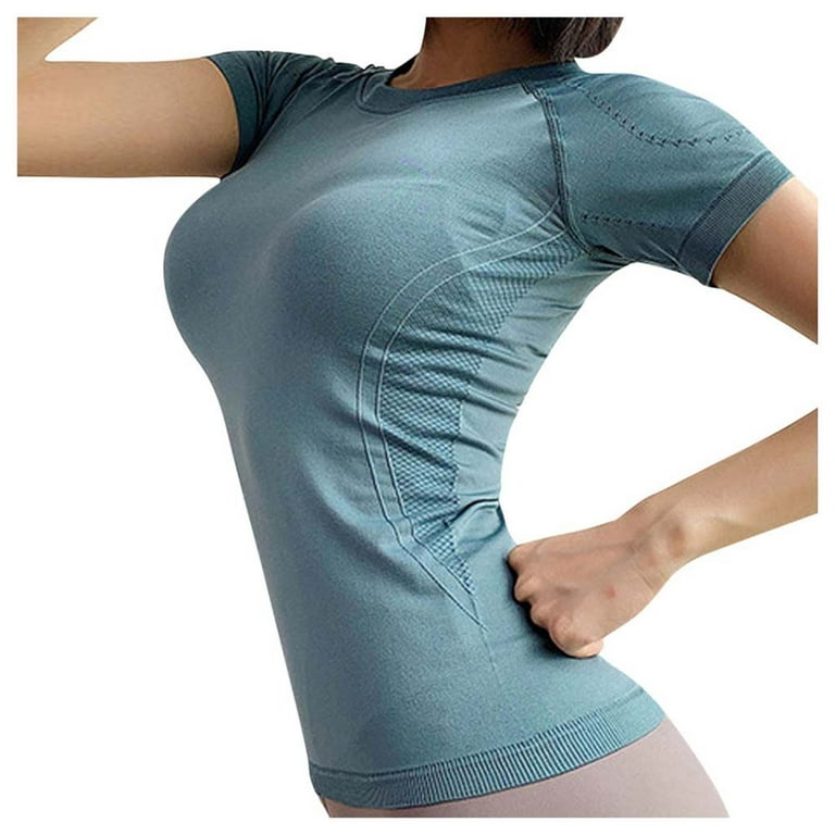 Ernkv Women's Trendy Yoga Sport Tops Clearance Solid Tops Short Sleeve Tees  Round Neck Shirts Quick-Drying Running Vintage Clothing 2023 Fashion