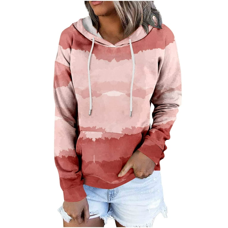 Hooded Neck Sleeve Top Plus Comfy Color S Drawstring Kangaroo T-Shirts Block Casual Womens Pink Sweatshirt Loose Dressy Ernkv Pocket Long Pullover Size