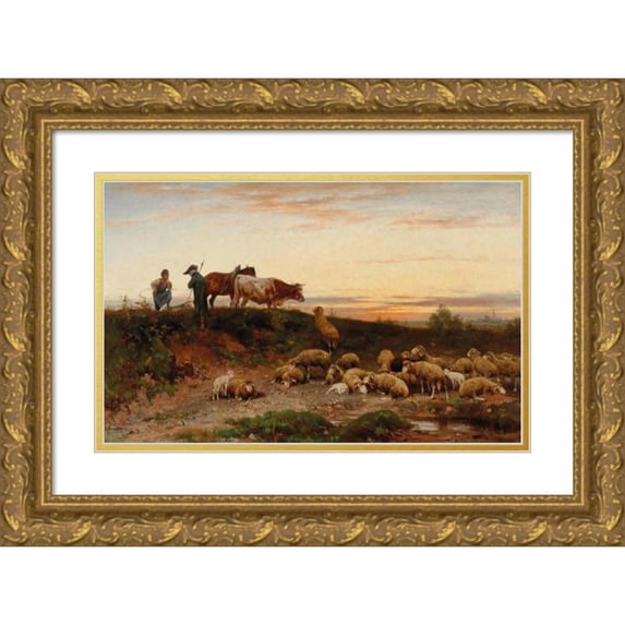Ernst Adolph Meissner 14x11 Gold Ornate Wood Frame and Double Matted Museum Art Print Titled - Evening Landscape