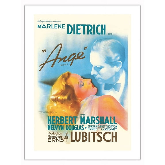 Ernst Lubitsch’s Angel (Ange) - Starring Marlene Dietrich - Vintage French Film Movie Poster by Jacques Bonneaud c.1937 - Fine Art Matte Paper Print (Unframed) 18x24in