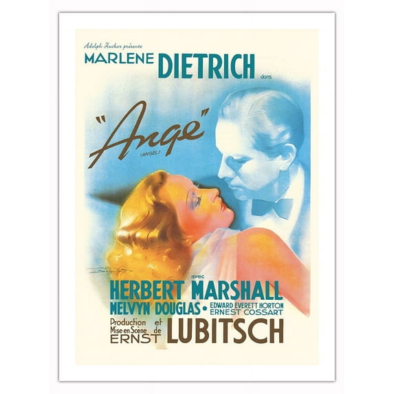 Ernst Lubitsch’s Angel (Ange) - Starring Marlene Dietrich - Vintage French Film Movie Poster by Jacques Bonneaud c.1937 - Fine Art Matte Paper Print (Unframed) 24x32in
