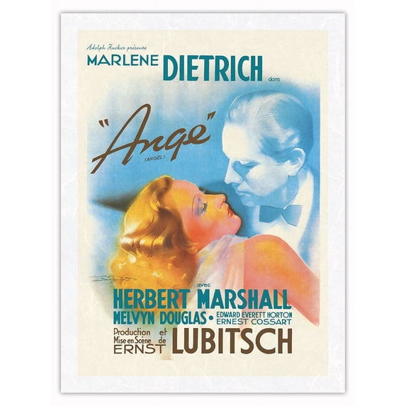 Ernst Lubitsch’s Angel (Ange) - Starring Marlene Dietrich - Vintage French Film Movie Poster by Jacques Bonneaud c.1937 - Japanese Unryu Rice Paper Art Print 24 x 32 in