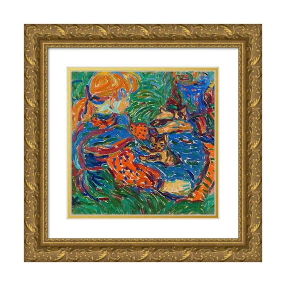 Ernst Ludwig Kirchner 12x12 Gold Ornate Wood Frame and Double Matted Museum Art Print Titled - Two Girls Playing with Cats (1907)