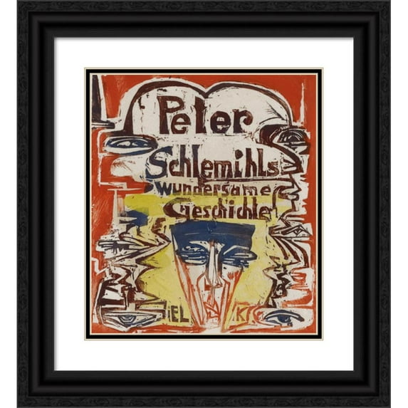 Ernst Ludwig Kirchner 12x14 Black Ornate Wood Framed Double Matted Museum Art Print Titled: Title Leaf of the Woodcut Sequence on Adelbert Von Chamisso's Narrative 'Peter Schlemihl's Miracul