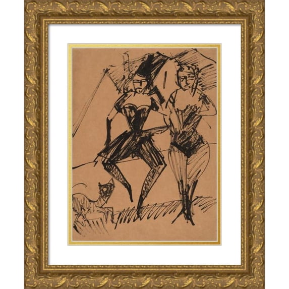 Ernst Ludwig Kirchner 12x14 Gold Ornate Wood Frame and Double Matted Museum Art Print Titled - Two Dancers with a Cat (1913)