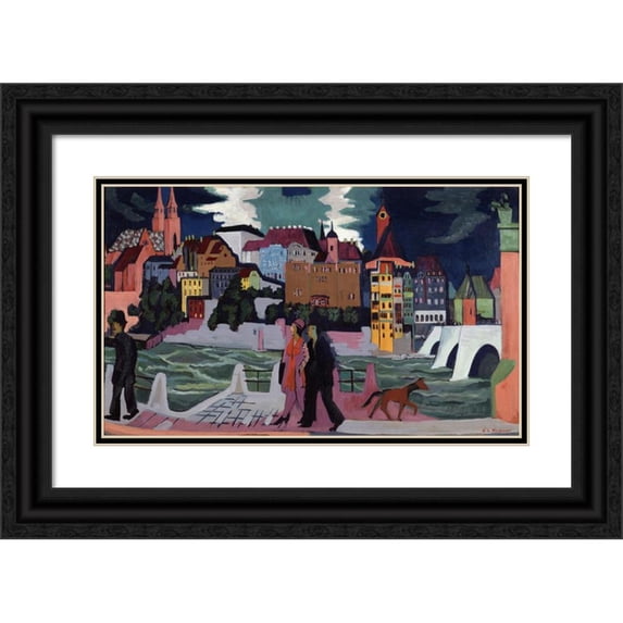 Ernst Ludwig Kirchner 18x12 Black Ornate Wood Framed Double Matted Museum Art Print Titled - View of Basel and the Rhine (1927-28)