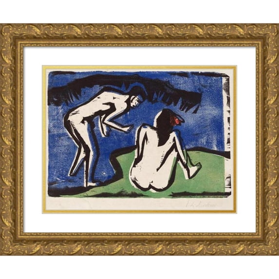 Ernst Ludwig Kirchner 24x19 Gold Ornate Framed and Double Matted Museum Art Print Titled - Bathing Couple (1910)