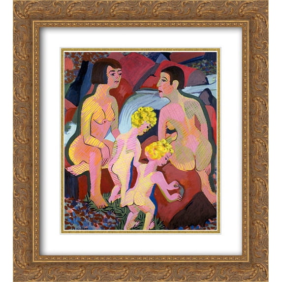 Ernst Ludwig Kirchner 2x Matted 20x22 Gold Ornate Framed Art Print 'Bathing Women and Children'