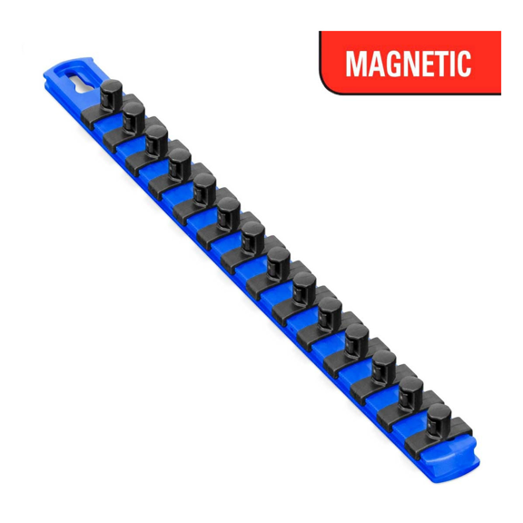 Ernst Mfg. 13 Inch Magnetic Socket Organizer with 14 Twist Lock Clips - 3/8 Inch - Blue