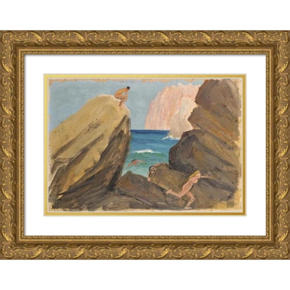 Ernst Schiess 18x13 Gold Ornate Wood Frame and Double Matted Museum Art Print Titled - Pursuit at a Rocky Coastal Line