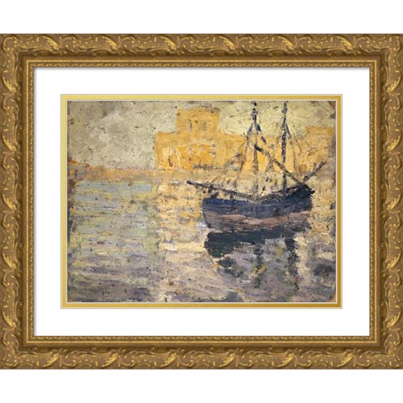 Ernst Schiess 18x14 Gold Ornate Wood Frame and Double Matted Museum Art Print Titled - Harbour with Sailing Boat