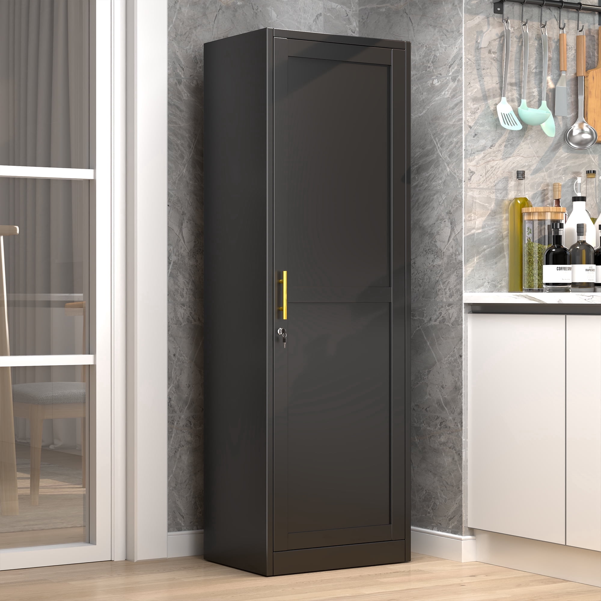 Ero 67" Metal Storage Cabinet with Lock, Tall Narrow Office File Cabinets with 1 Door & 5 Adjustable Shelves