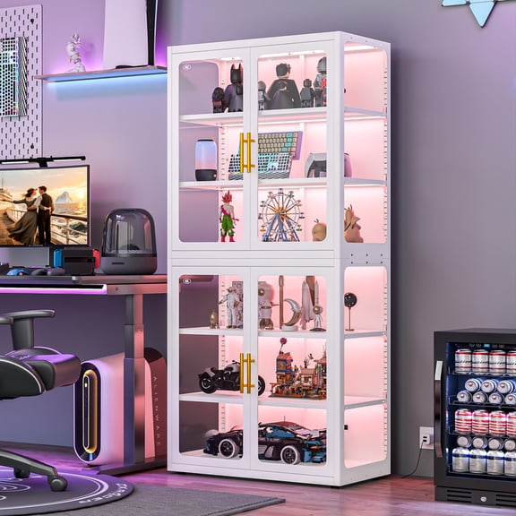 Ero 68" Tall Display Cabinet with Glass Doors and RGB LED Light for Collectibles, Books, Bags, Toys, Glass Display Case, Storage Cabinets, White