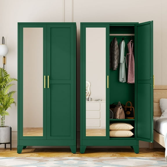 Ero Metal Freestanding Armoire Wardrobe Closet with Hanging Rod and Mirror
