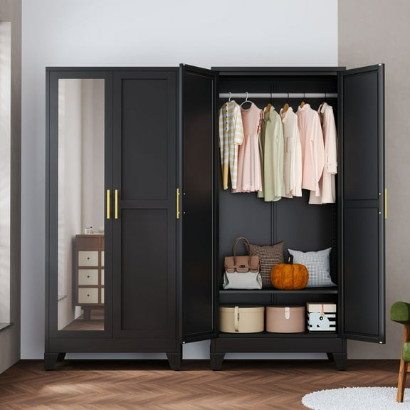 Ero Metal Freestanding Armoire Wardrobe Closet with Hanging Rod and Mirror