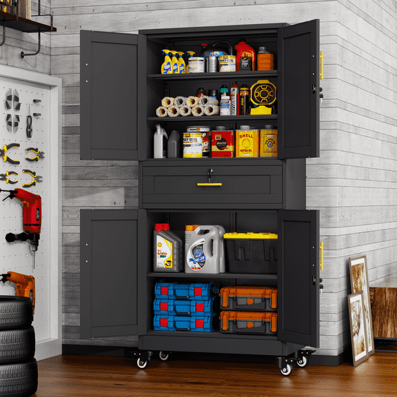 Ero Tall Metal Garage Storage Cabinet with Doors and Shelves, Rollowing Garage Cabinet with Wheels and Drawers